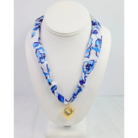 Blue Floral Scarf Necklace with Gold Heart Pendant - Anderson Ave boutique