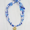 Blue Floral Scarf Necklace with Gold Heart Pendant - Anderson Ave boutique