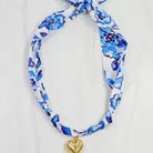 Blue Floral Scarf Necklace with Gold Heart Pendant - Anderson Ave boutique
