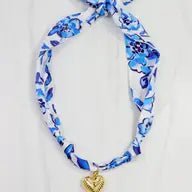 Blue Floral Scarf Necklace with Gold Heart Pendant - Anderson Ave boutique