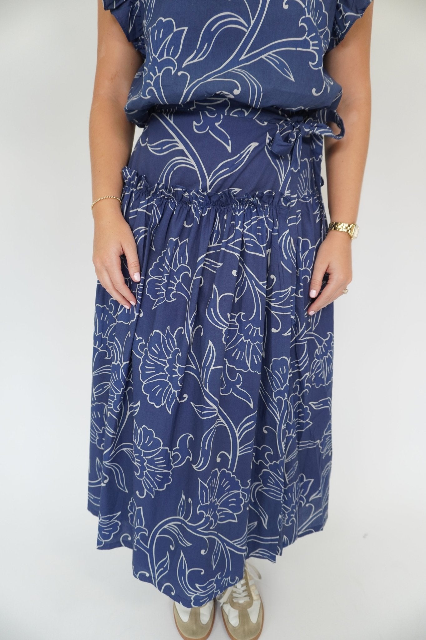 Blue Floral Tiered Midi Skirt - Anderson Ave boutique