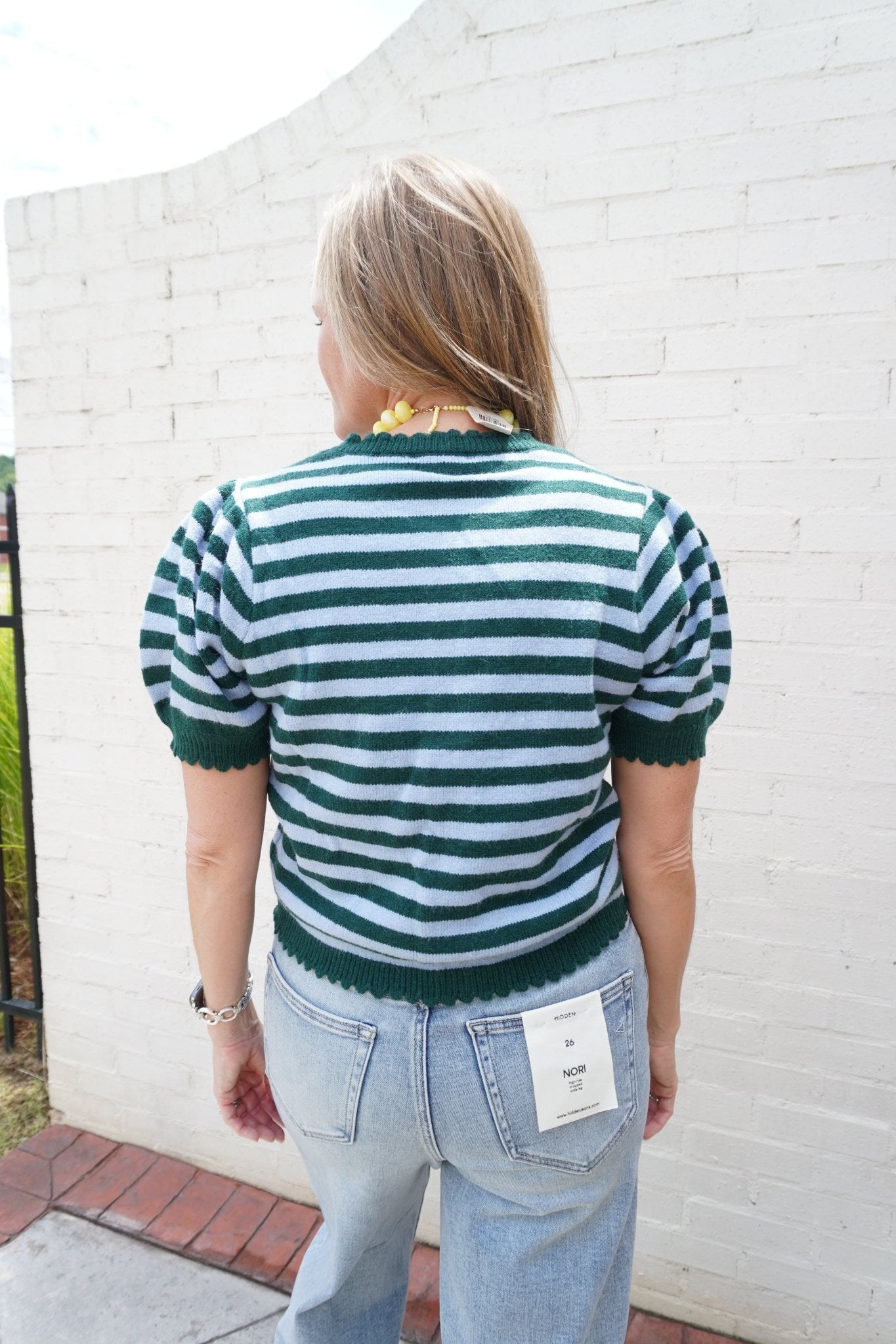 Blue & Hunter Green Striped Puff Sleeve Knit Cardigan - Anderson Ave boutique