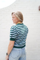 Blue & Hunter Green Striped Puff Sleeve Knit Cardigan - Anderson Ave boutique