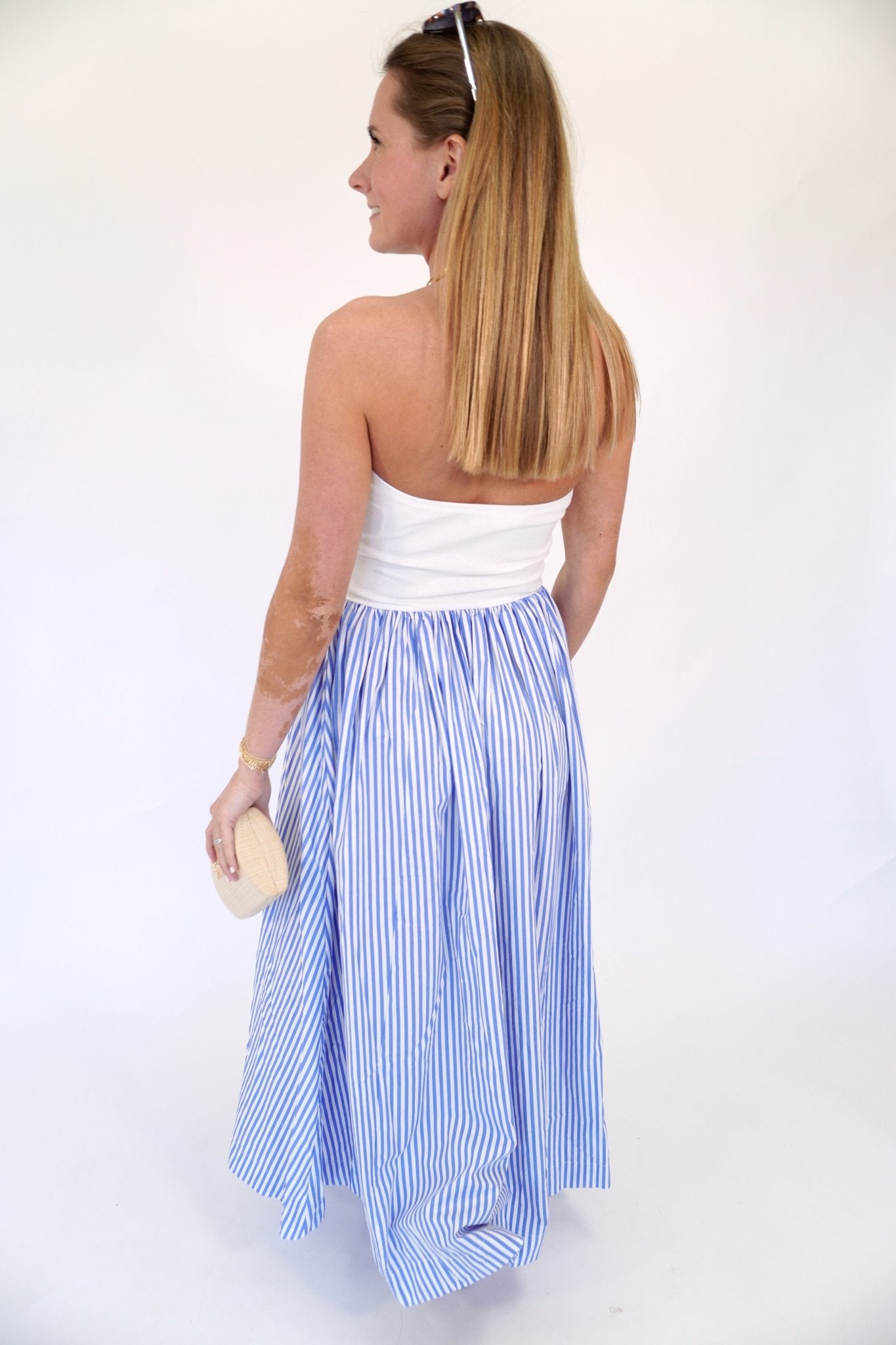 Blue & White Striped Strapless Smocked Waist Midi Dress - Anderson Ave boutique
