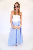 Blue & White Striped Strapless Smocked Waist Midi Dress - Anderson Ave boutique