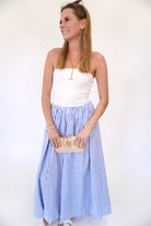 Blue & White Striped Strapless Smocked Waist Midi Dress - Anderson Ave boutique