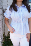 Bluebell Breeze Ruched Peplum Blouse – Sky Mist - Anderson Ave boutique