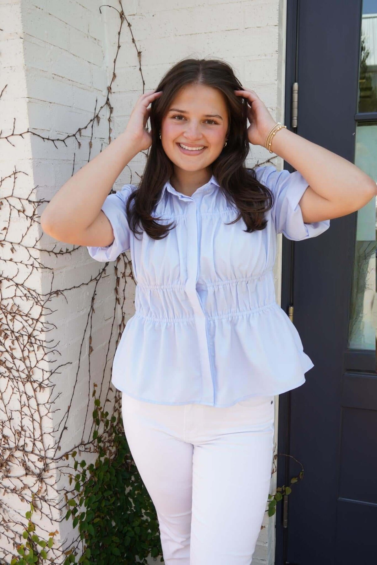 Bluebell Breeze Ruched Peplum Blouse – Sky Mist - Anderson Ave boutique