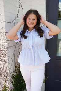 Bluebell Breeze Ruched Peplum Blouse – Sky Mist - Anderson Ave boutique