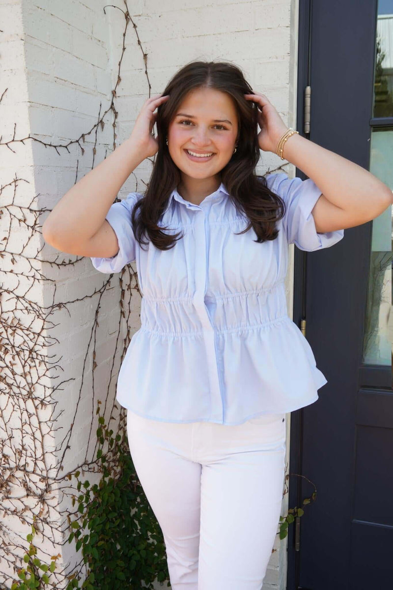 Bluebell Breeze Ruched Peplum Blouse – Sky Mist - Anderson Ave boutique