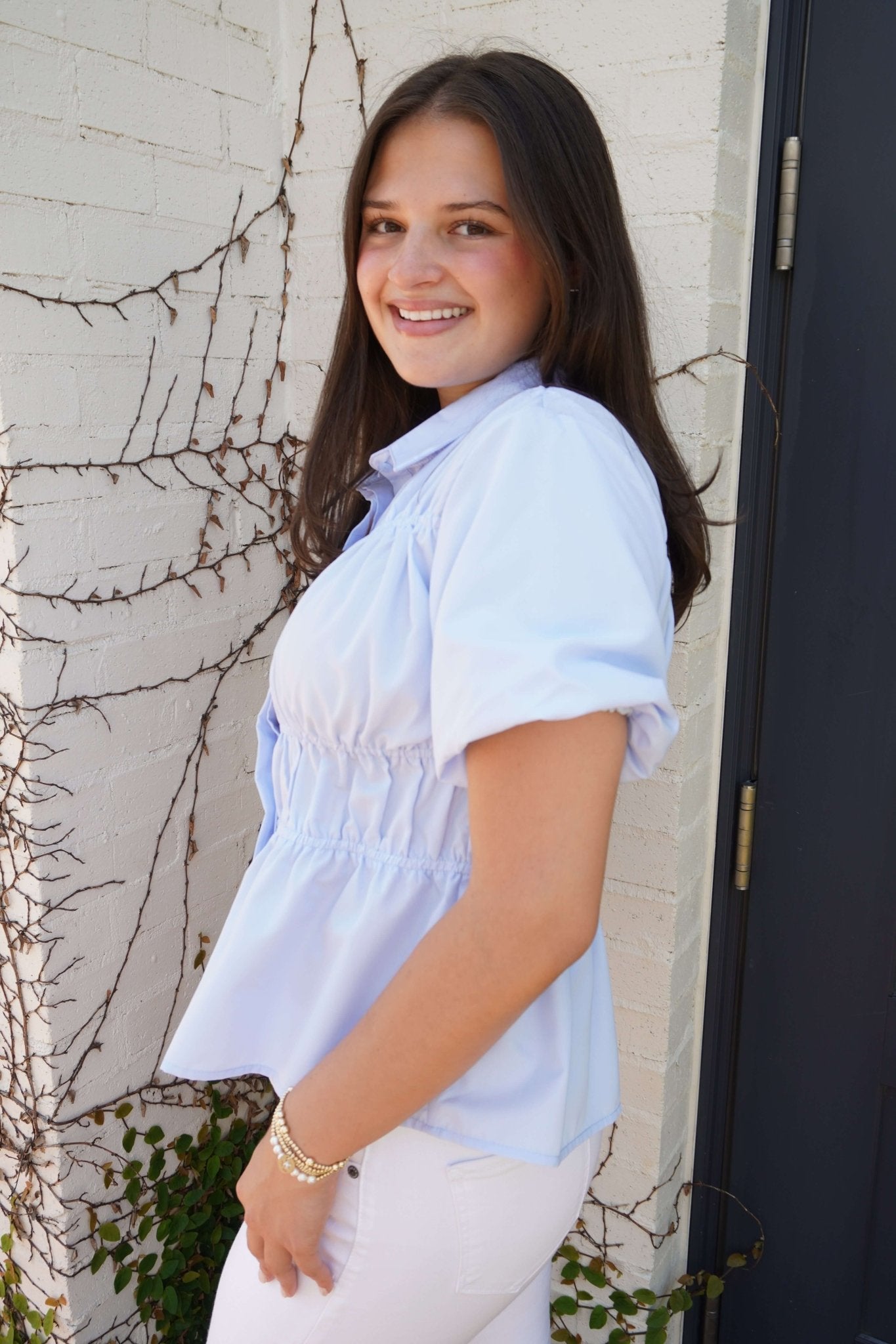 Bluebell Breeze Ruched Peplum Blouse – Sky Mist - Anderson Ave boutique