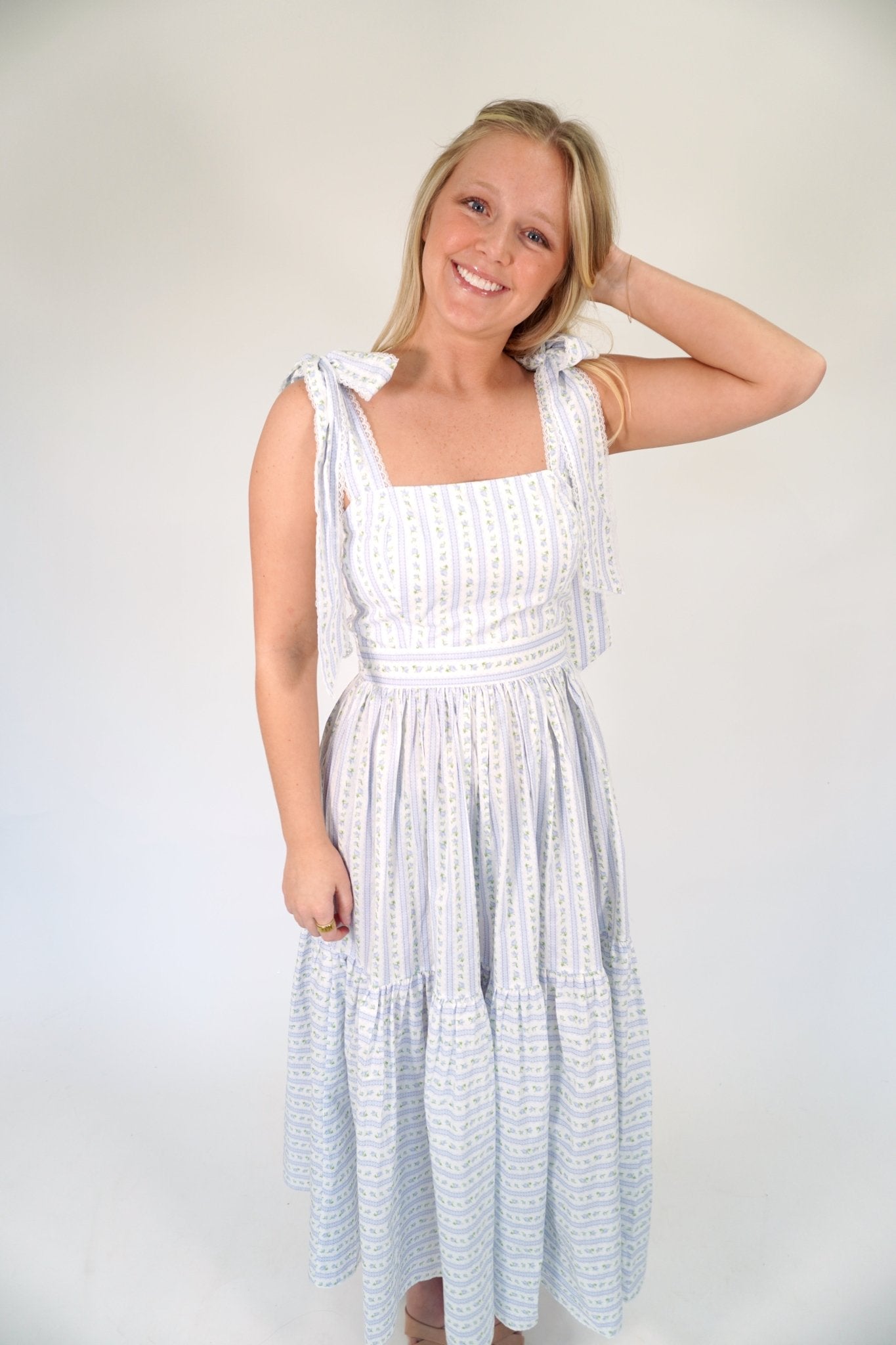 Bluebell Floral Tiered Midi Dress | Tie - Shoulder Sundress - Light Blue - Anderson Ave boutique