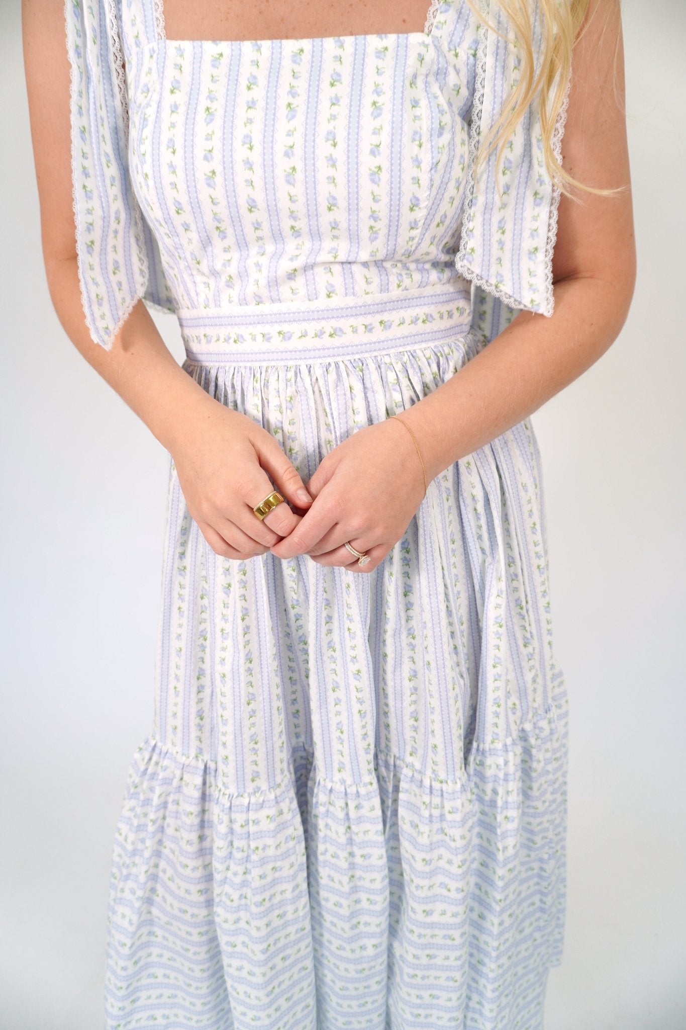 Bluebell Floral Tiered Midi Dress | Tie - Shoulder Sundress - Light Blue - Anderson Ave boutique