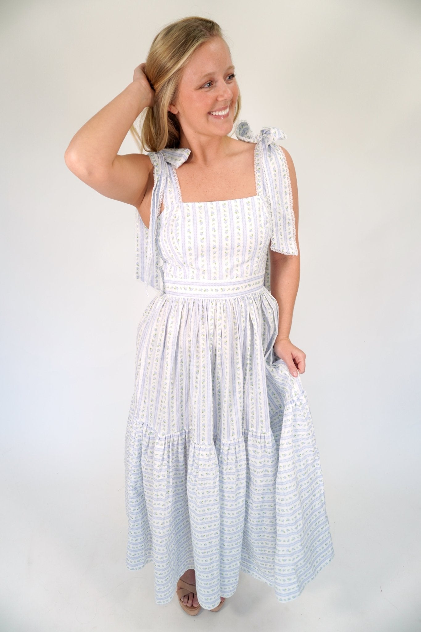 Bluebell Floral Tiered Midi Dress | Tie - Shoulder Sundress - Light Blue - Anderson Ave boutique