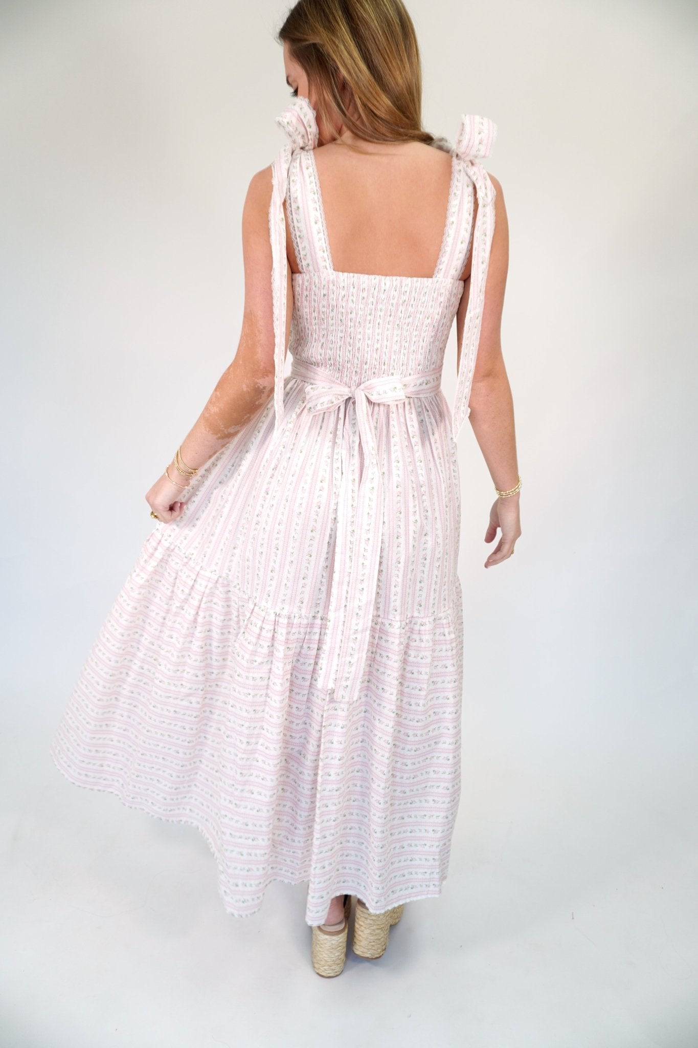 Bluebell Floral Tiered Midi Dress | Tie - Shoulder Sundress - Light Pink - Anderson Ave boutique