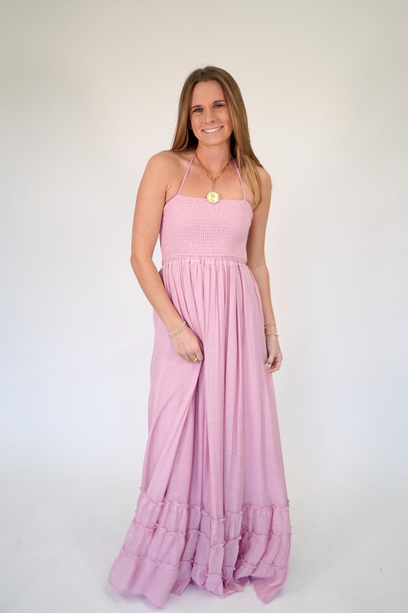Blush Pink Smocked Halter Tiered Maxi Dress - Anderson Ave boutique