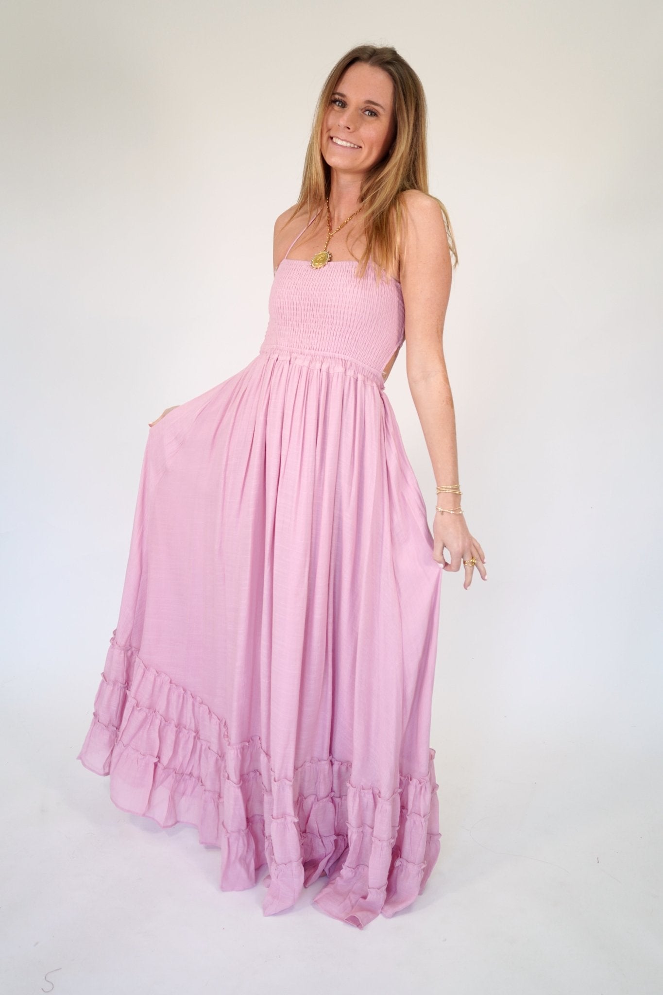 Blush Pink Smocked Halter Tiered Maxi Dress - Anderson Ave boutique