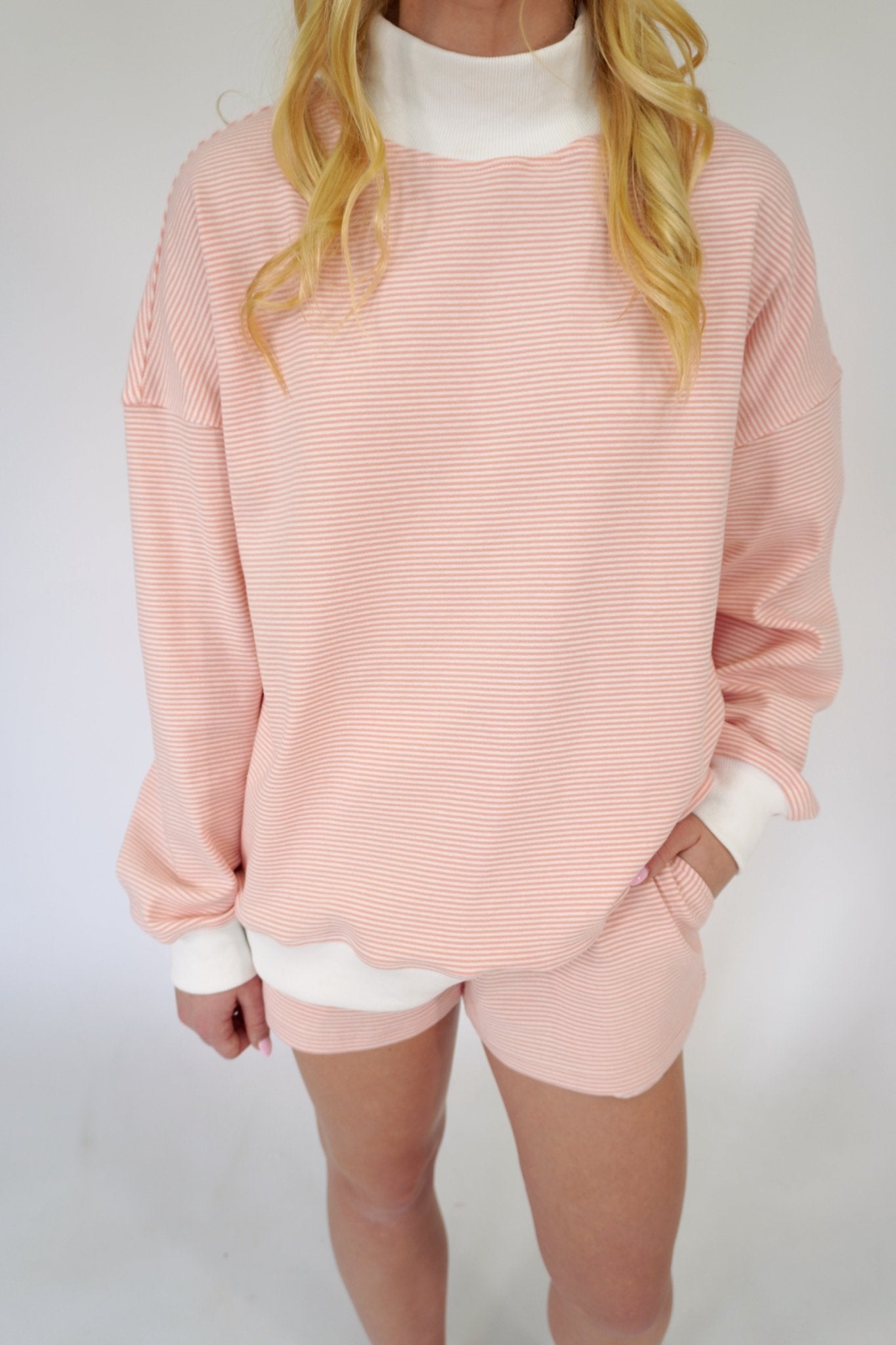 Blush Pink Striped Mock Neck Lounge Top - Anderson Ave boutique