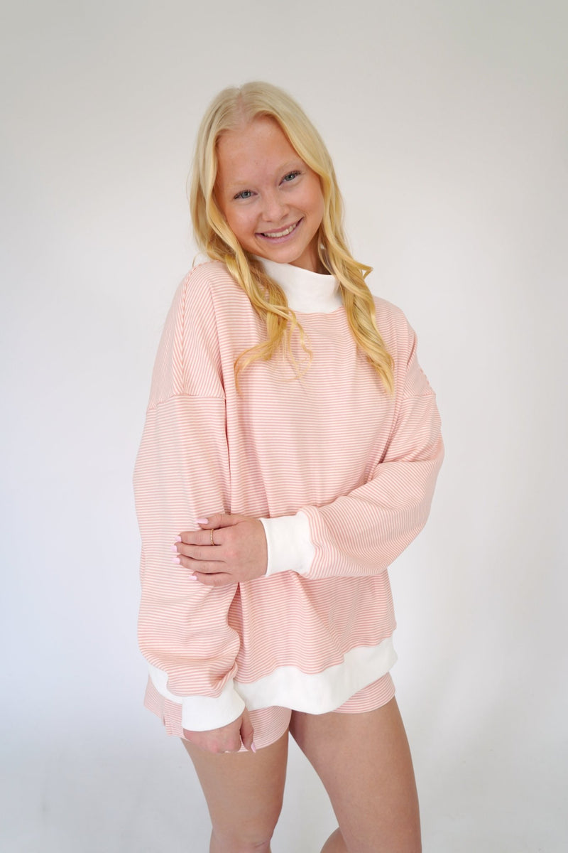Blush Pink Striped Mock Neck Lounge Top - Anderson Ave boutique