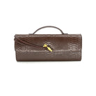 Brown Snake Embossed East-West Top Handle Clutch with Gold Knot Closure - Anderson Ave boutique