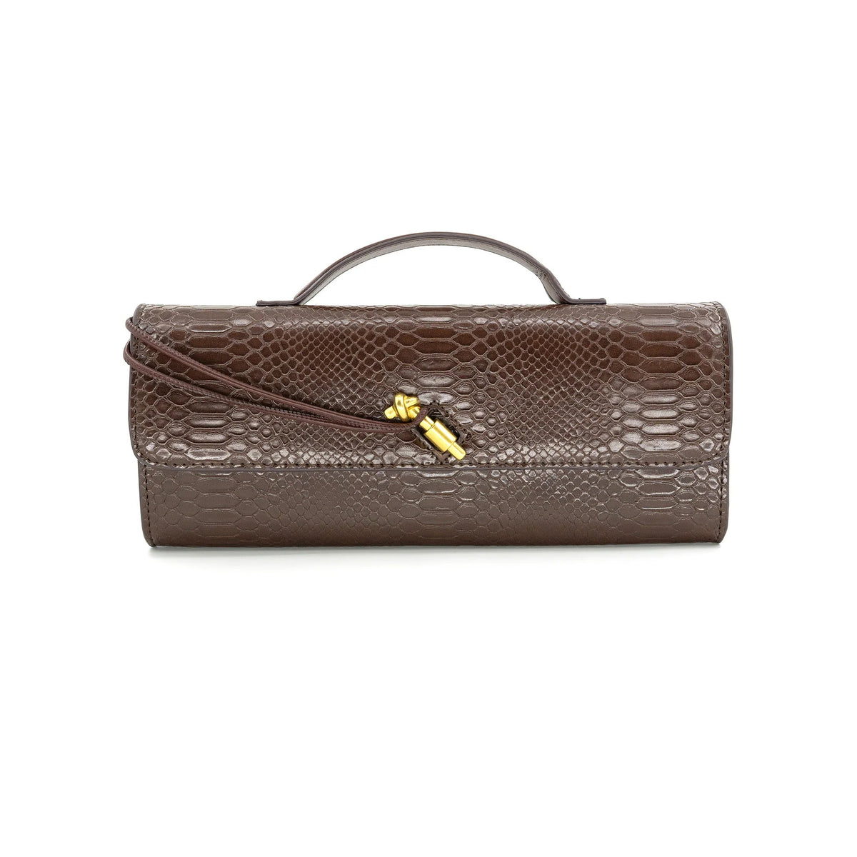 Brown Snake Embossed East-West Top Handle Clutch with Gold Knot Closure - Anderson Ave boutique