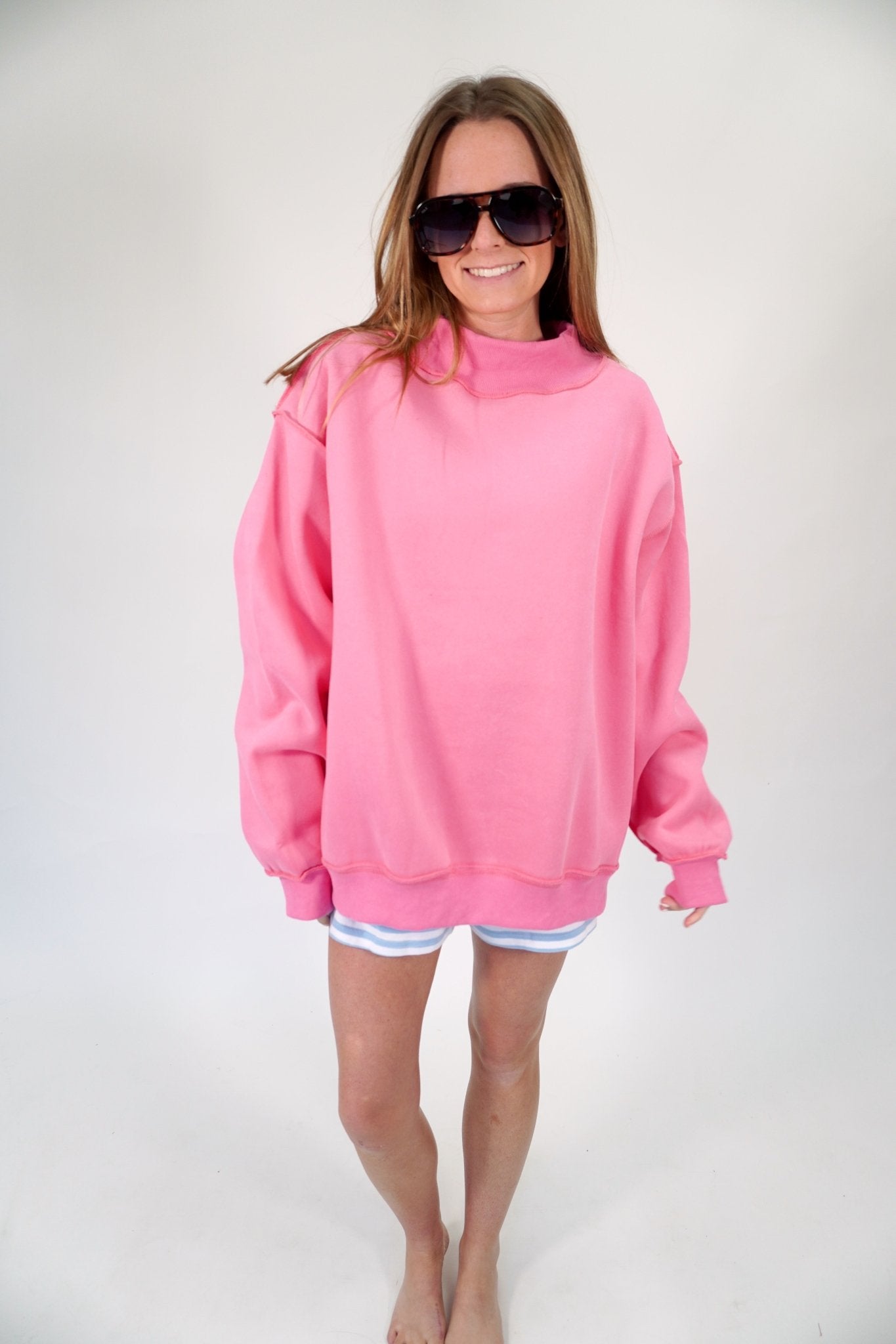 Bubblegum Pink Mock Neck Cozy Sweatshirt – Relaxed Oversized Fit - Anderson Ave boutique
