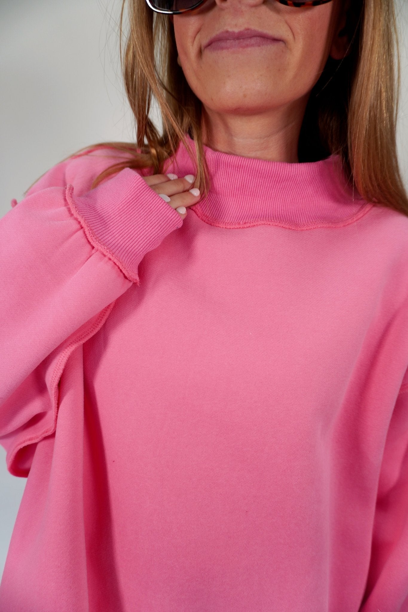 Bubblegum Pink Mock Neck Cozy Sweatshirt – Relaxed Oversized Fit - Anderson Ave boutique