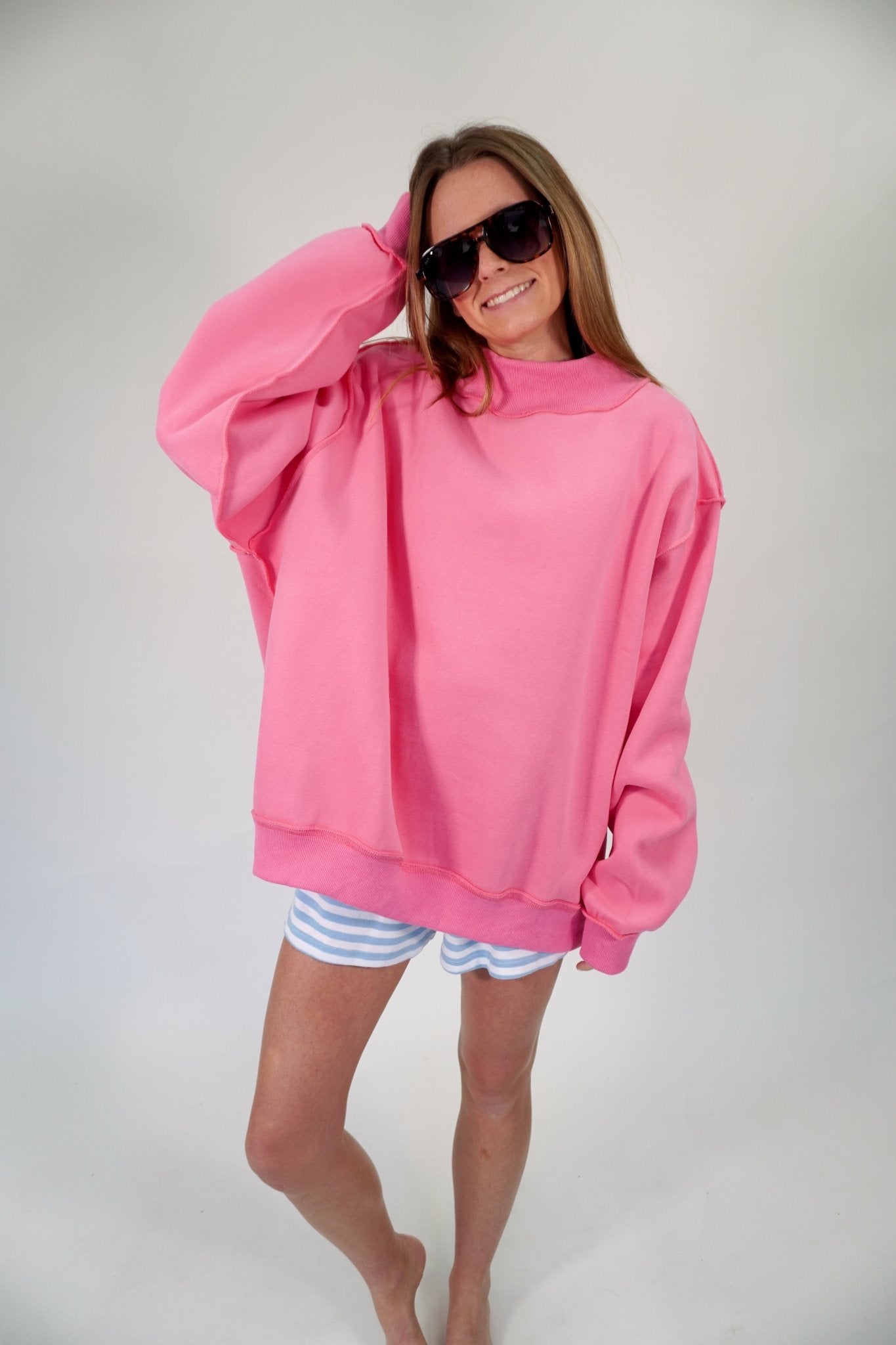 Bubblegum Pink Mock Neck Cozy Sweatshirt – Relaxed Oversized Fit - Anderson Ave boutique