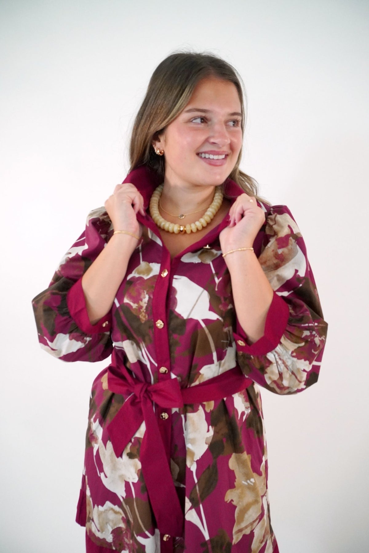 Burgundy Floral Print Belted Mini Dress - Anderson Ave boutique