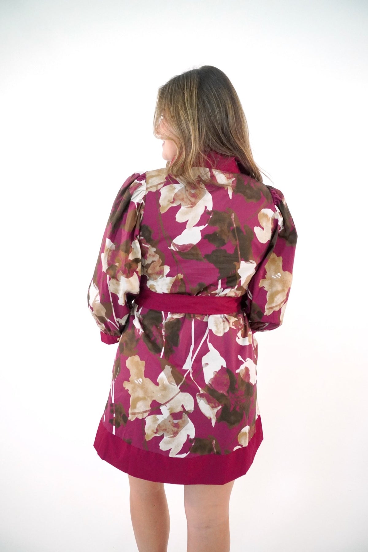 Burgundy Floral Print Belted Mini Dress - Anderson Ave boutique