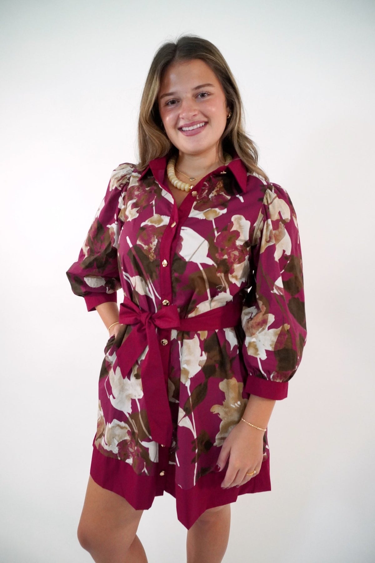 Burgundy Floral Print Belted Mini Dress - Anderson Ave boutique