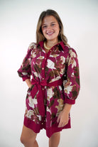 Burgundy Floral Print Belted Mini Dress - Anderson Ave boutique