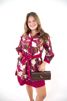 Burgundy Floral Print Belted Mini Dress - Anderson Ave boutique