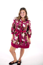 Burgundy Floral Print Belted Mini Dress - Anderson Ave boutique