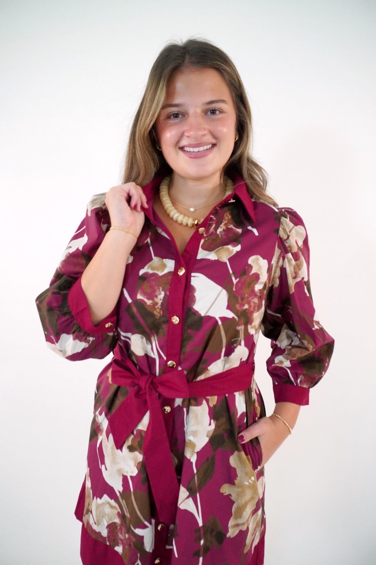 Burgundy Floral Print Belted Mini Dress - Anderson Ave boutique