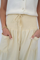 Butter Cream Smocked High - Waist Wide - Leg Cargo Pants - Anderson Ave boutique