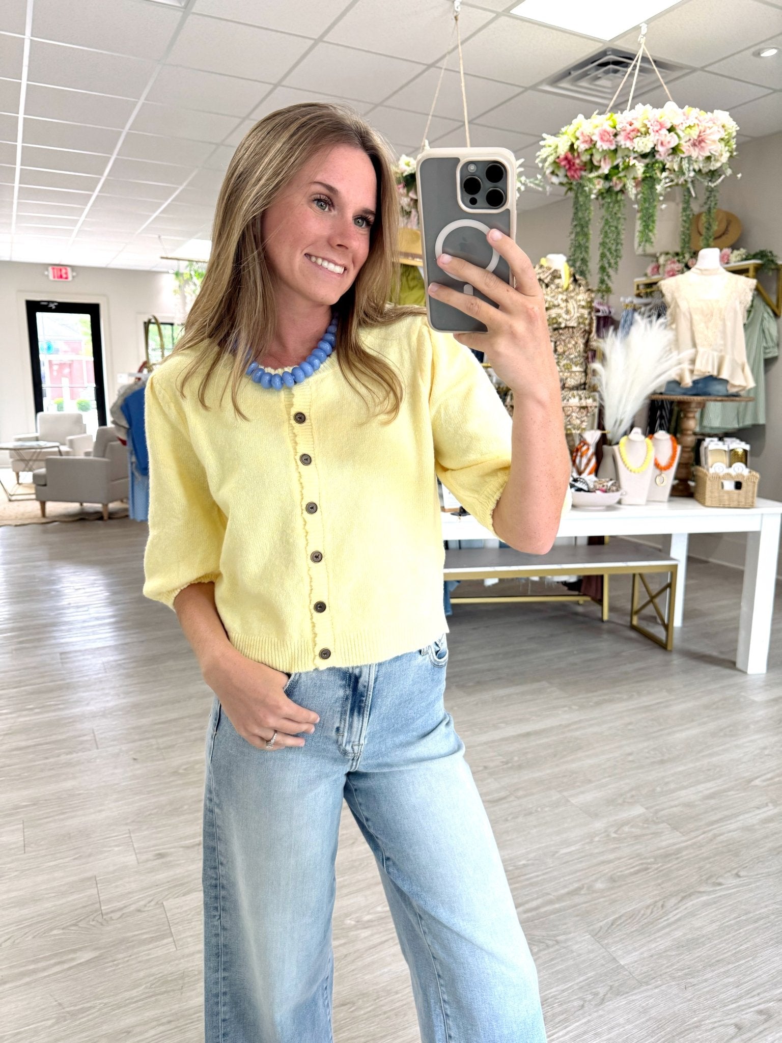 Butter Yellow Button Front Puff Sleeve Top - Anderson Ave boutique