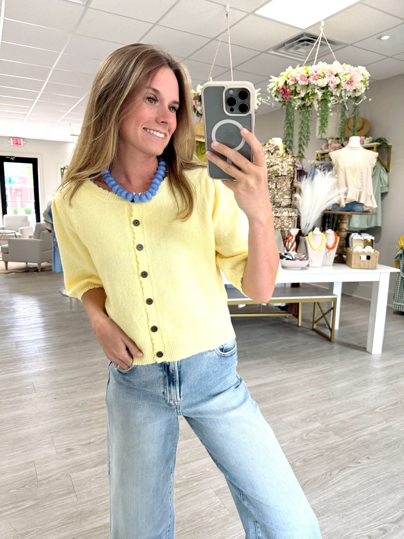 Butter Yellow Button Front Puff Sleeve Top - Anderson Ave boutique