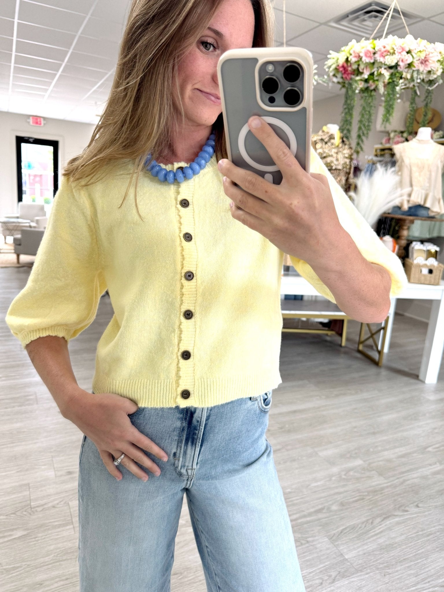 Butter Yellow Button Front Puff Sleeve Top - Anderson Ave boutique