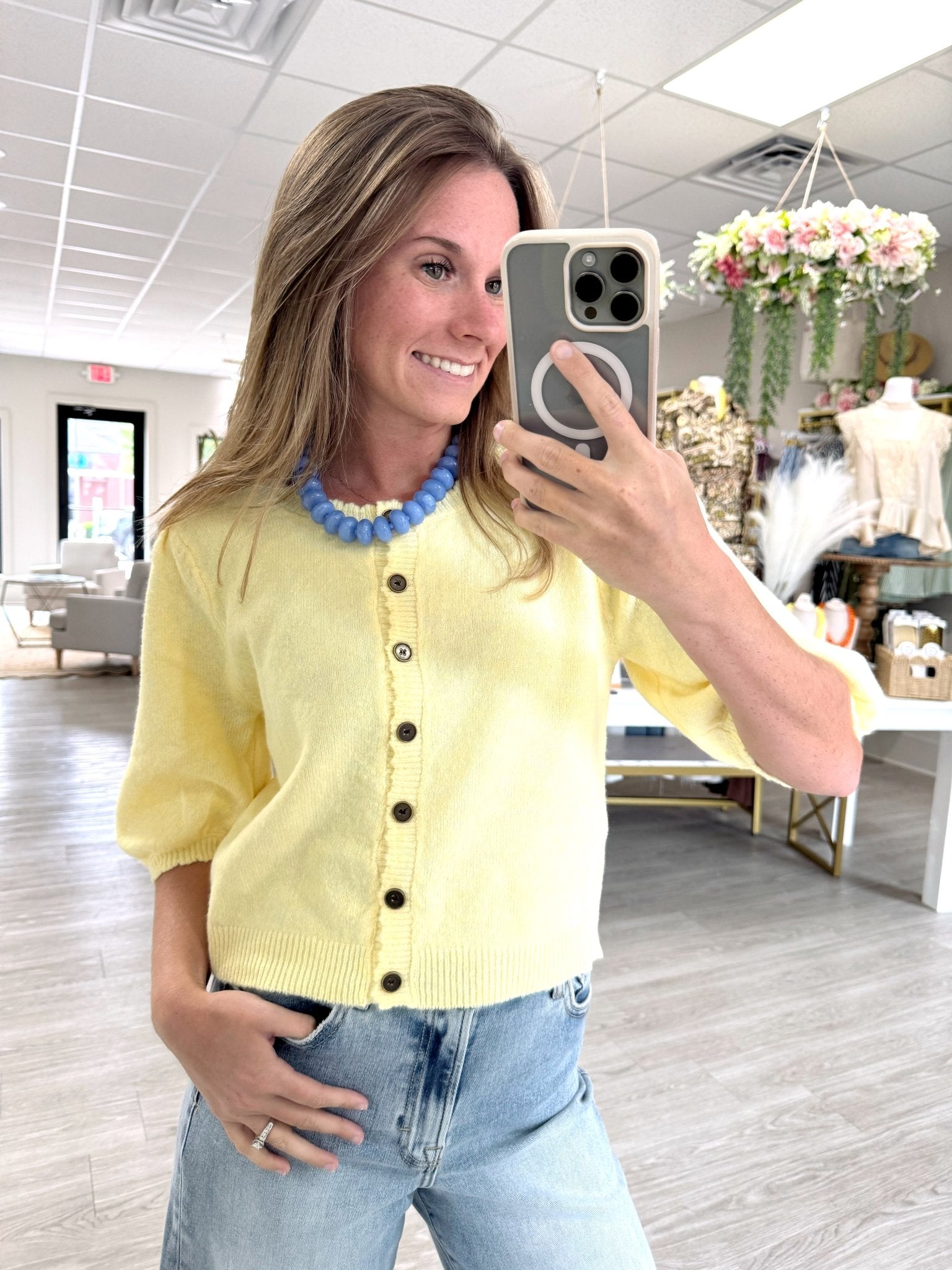 Butter Yellow Button Front Puff Sleeve Top - Anderson Ave boutique