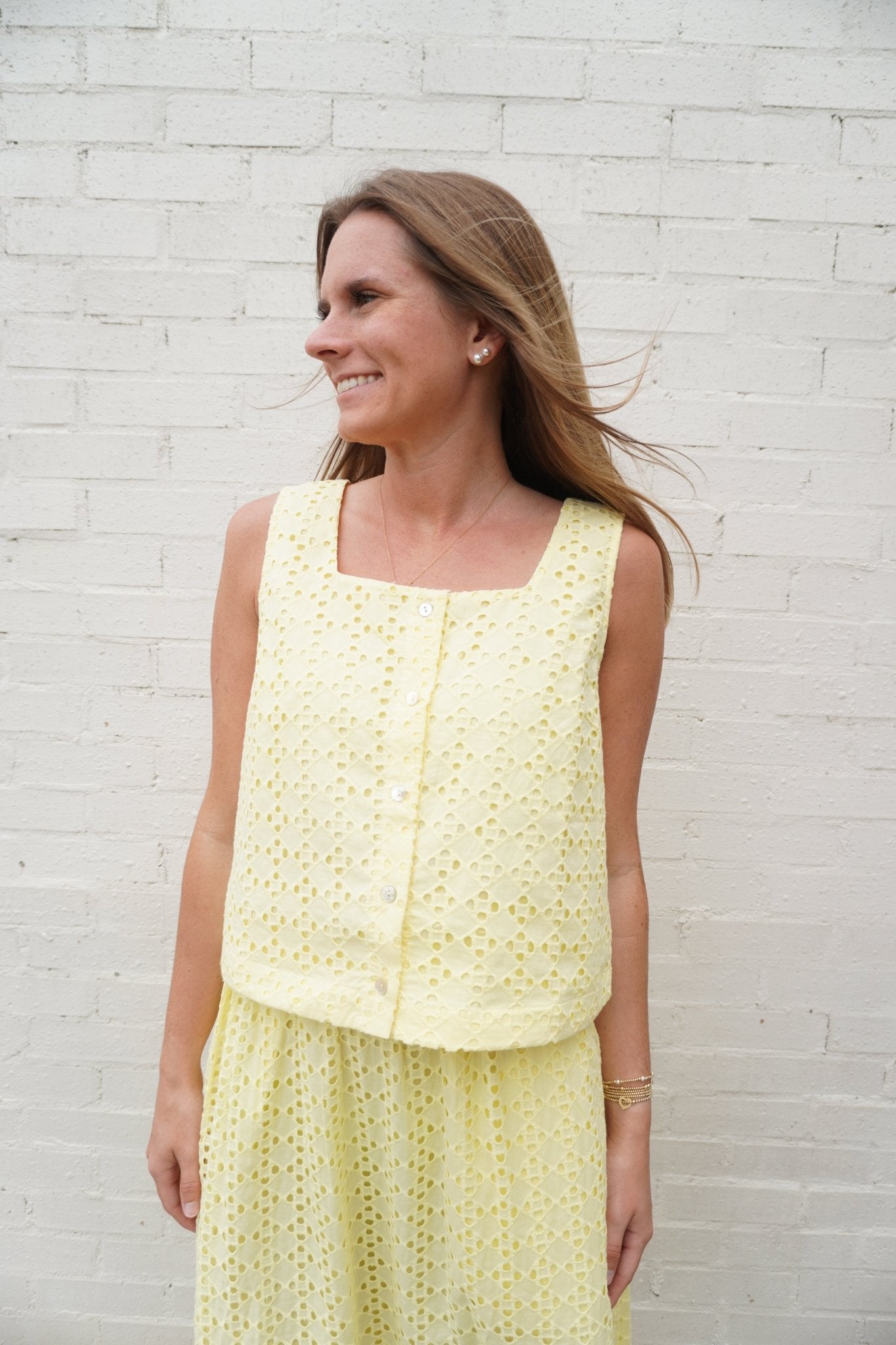 Butter Yellow Eyelet Button Front Top - Anderson Ave boutique