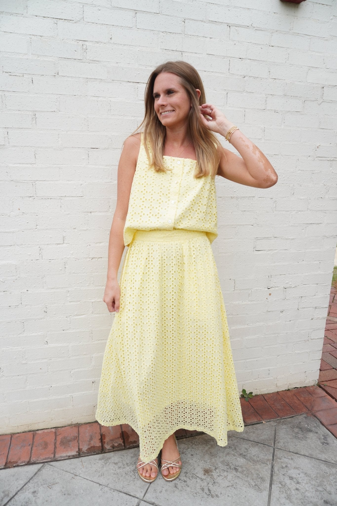 Butter Yellow Eyelet Button Front Top - Anderson Ave boutique
