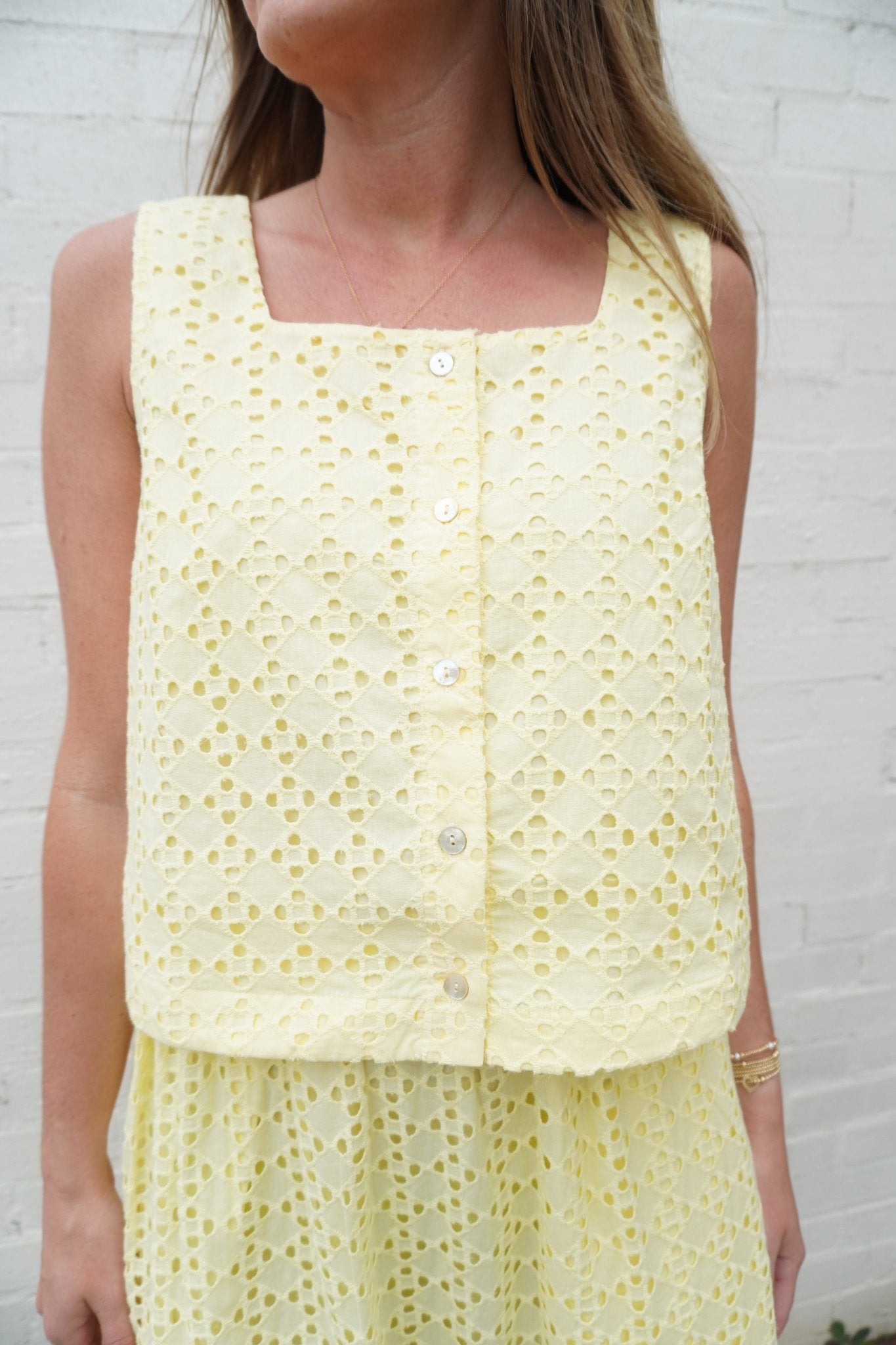 Butter Yellow Eyelet Button Front Top - Anderson Ave boutique