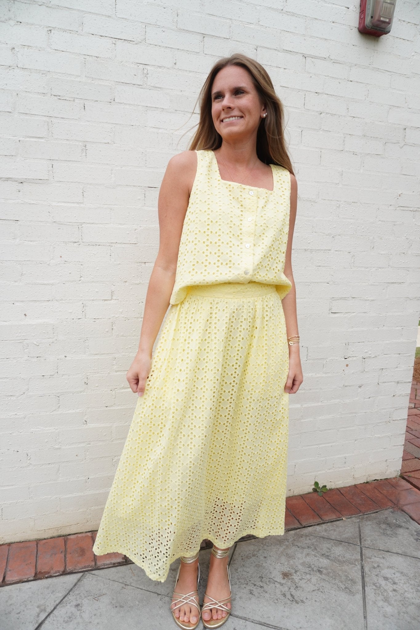 Butter Yellow Eyelet Button Front Top - Anderson Ave boutique