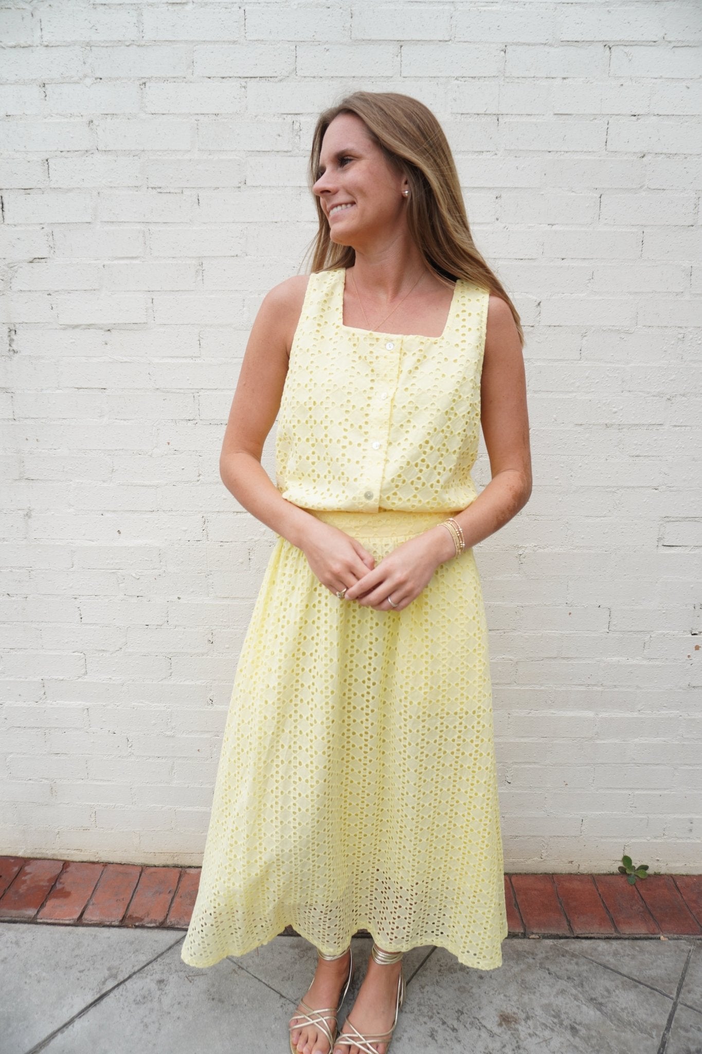 Butter Yellow Eyelet Button Front Top - Anderson Ave boutique