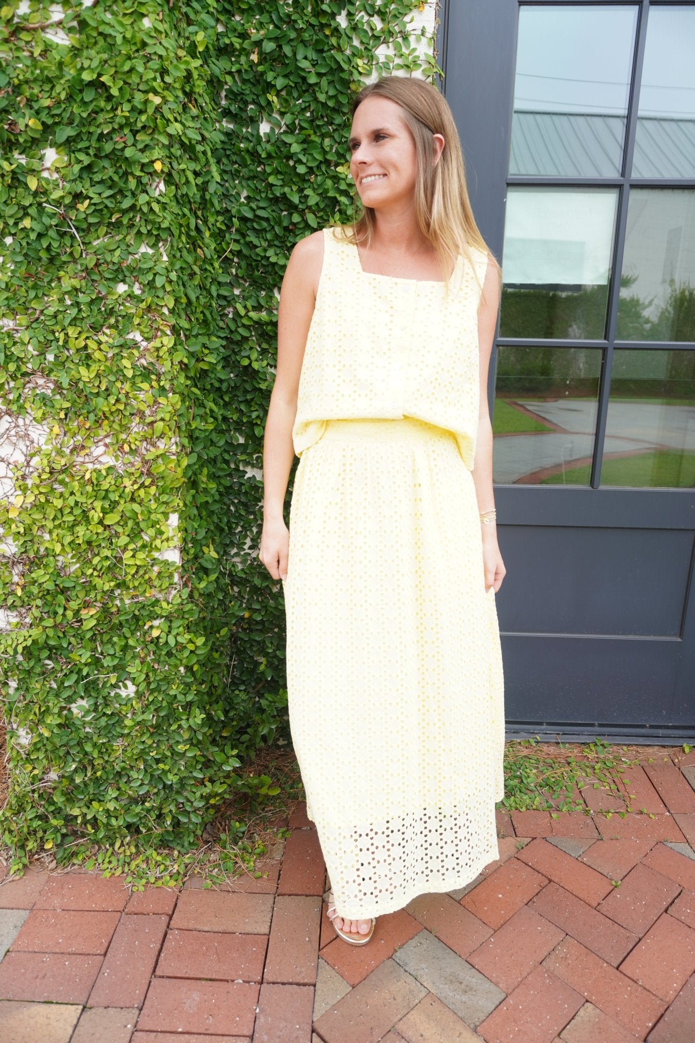 Butter Yellow Eyelet Midi Skirt - Anderson Ave boutique