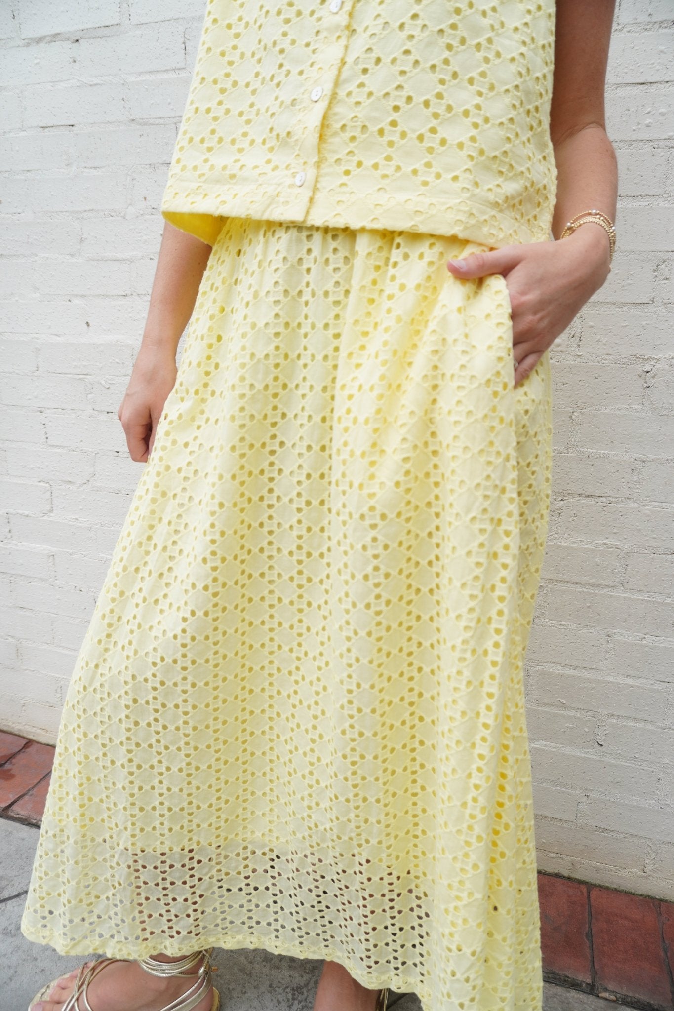 Butter Yellow Eyelet Midi Skirt - Anderson Ave boutique