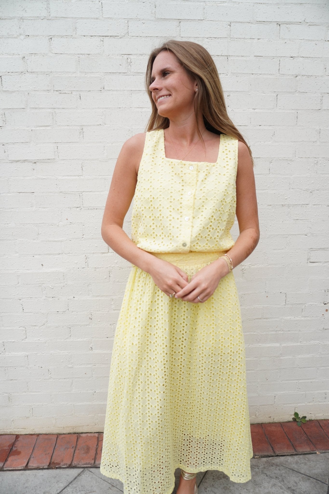 Butter Yellow Eyelet Midi Skirt - Anderson Ave boutique