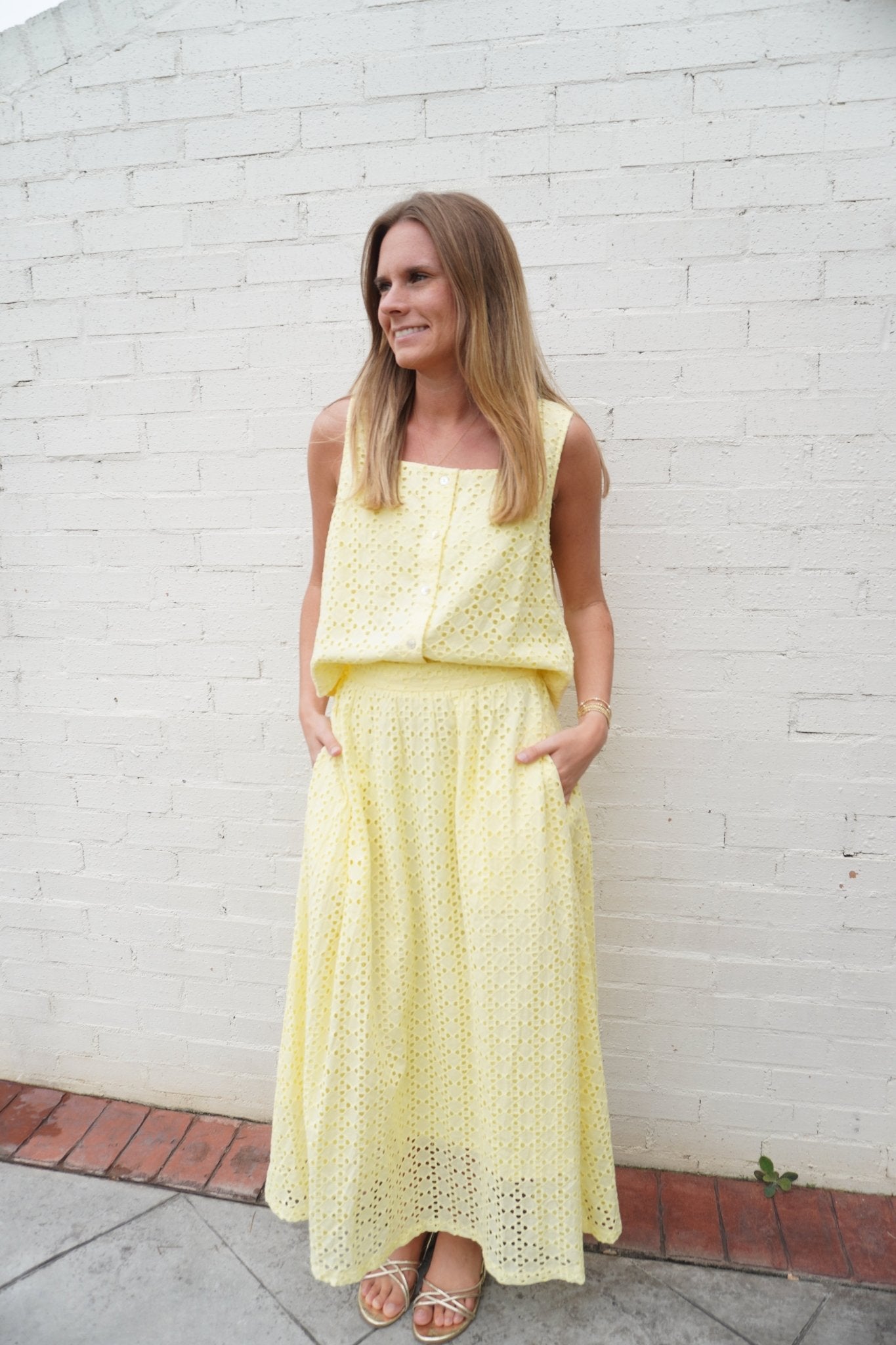 Butter Yellow Eyelet Midi Skirt - Anderson Ave boutique