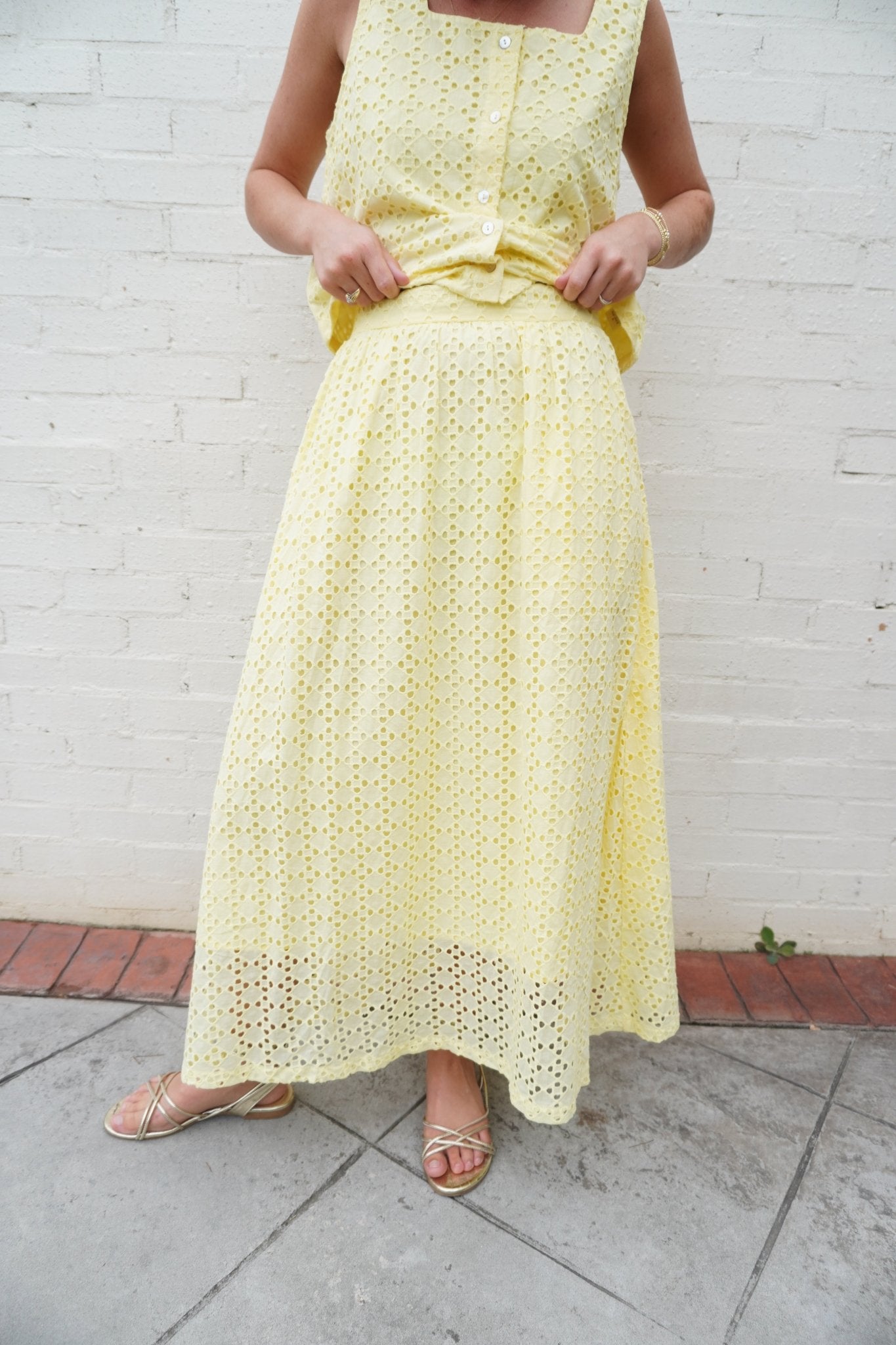 Butter Yellow Eyelet Midi Skirt - Anderson Ave boutique